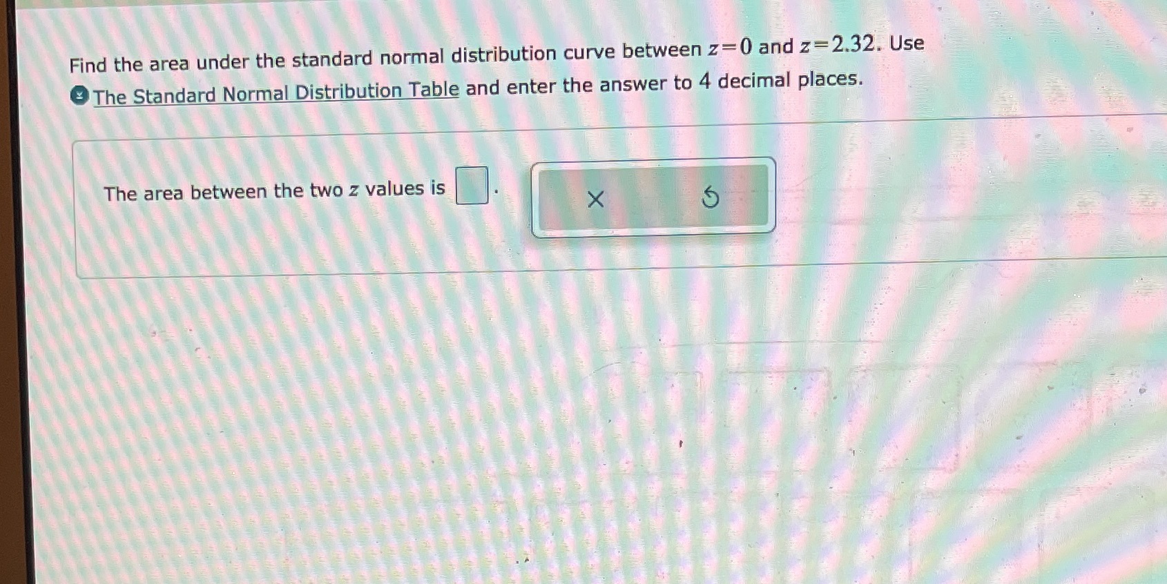 Help Find the area under the standard normal distribution curve between z=0
