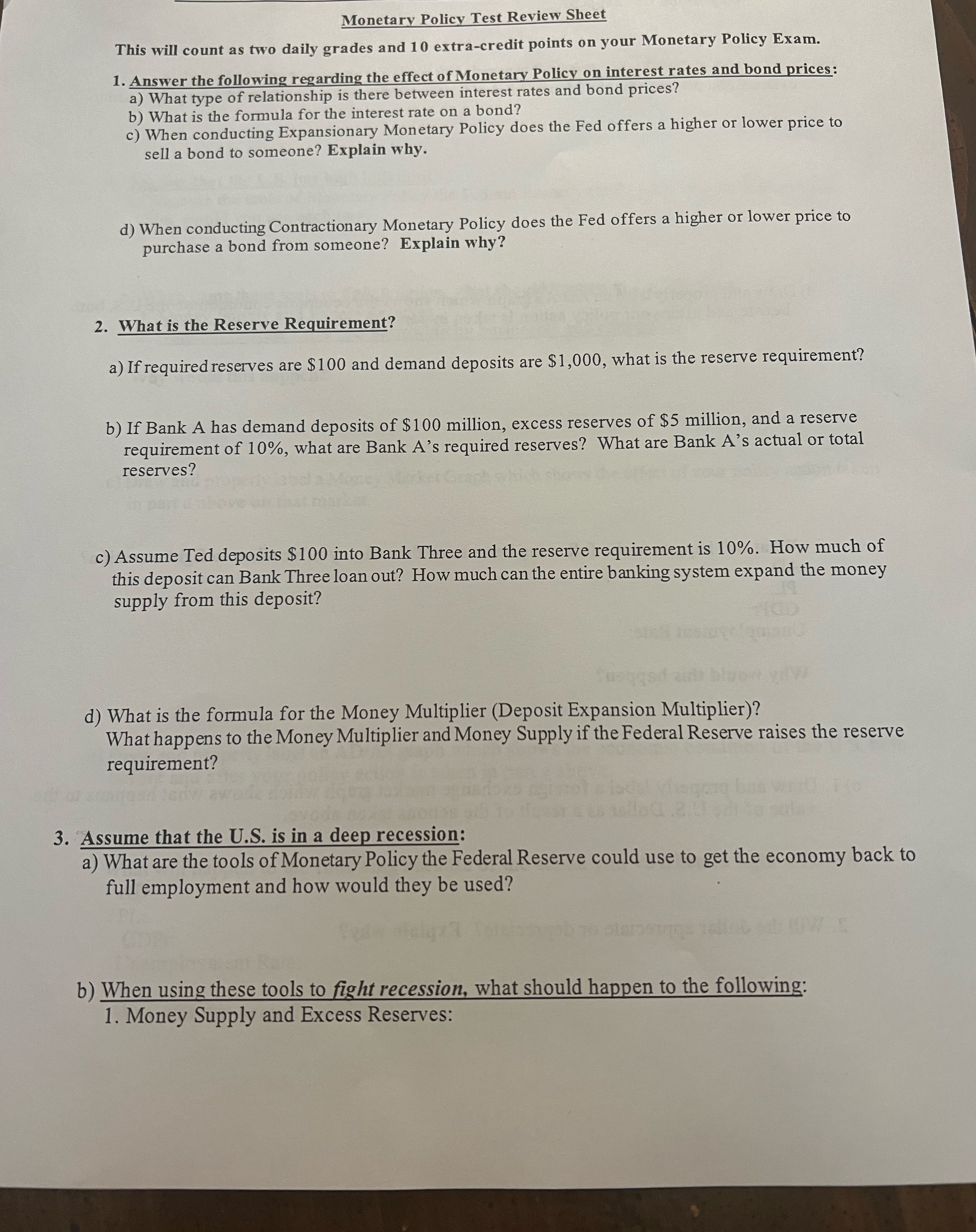 Monetary Policy Test Review Sheet This will count as two daily