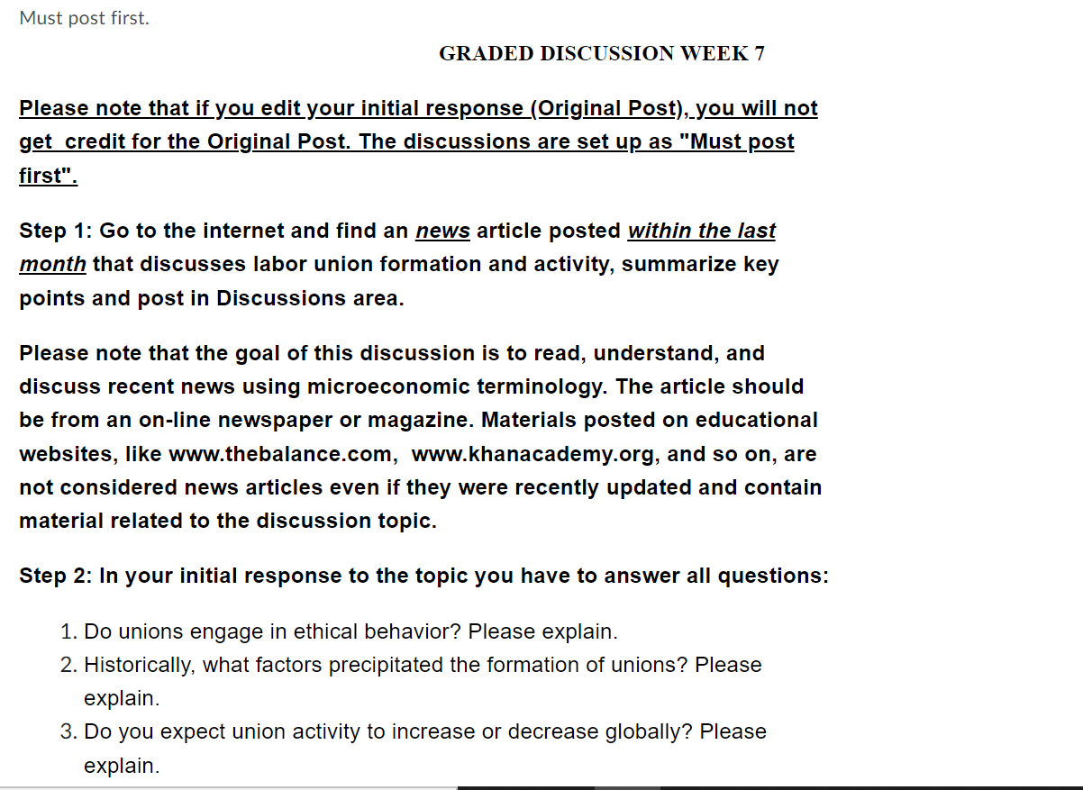 Must post first. GRADED DISCL'SSION WEEK 7 Please note that if