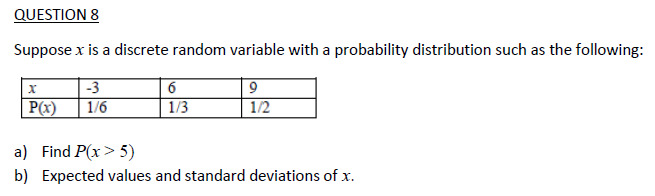  QUESTION 8 Suppose x is a discrete random variable with a