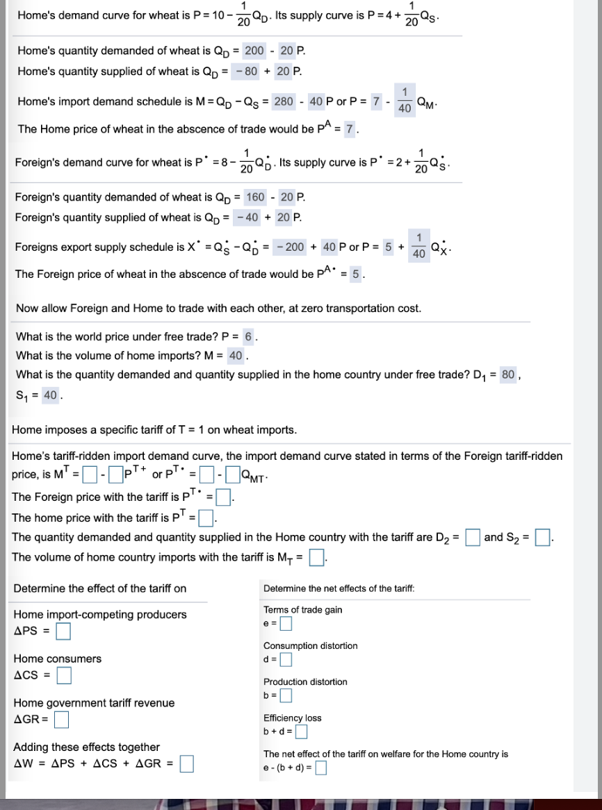  Home's demand curve for wheat is P = 10 -- 20