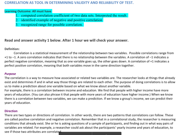 NORES/REFERENCE: CORRELATION AS TOOL IN DETERMINING VALIDITY AND RELIABILITY OF TEST. earning