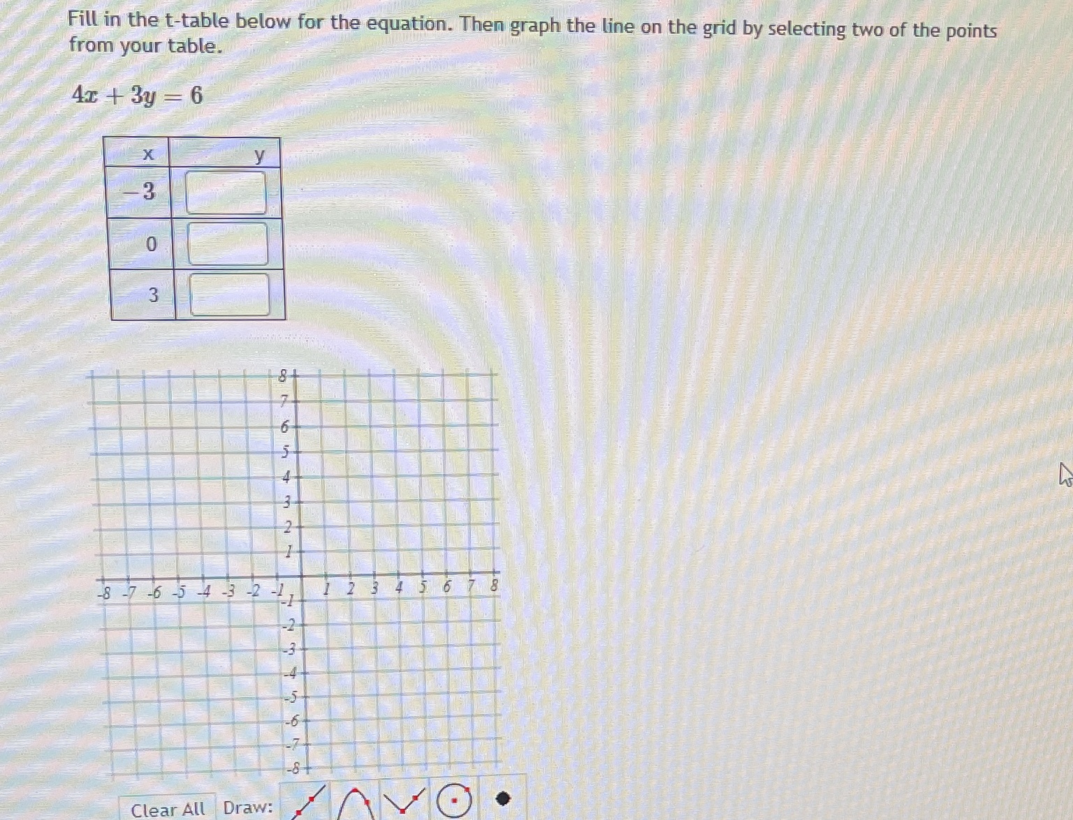  Fill in the t-table below for the equation. Then graph the