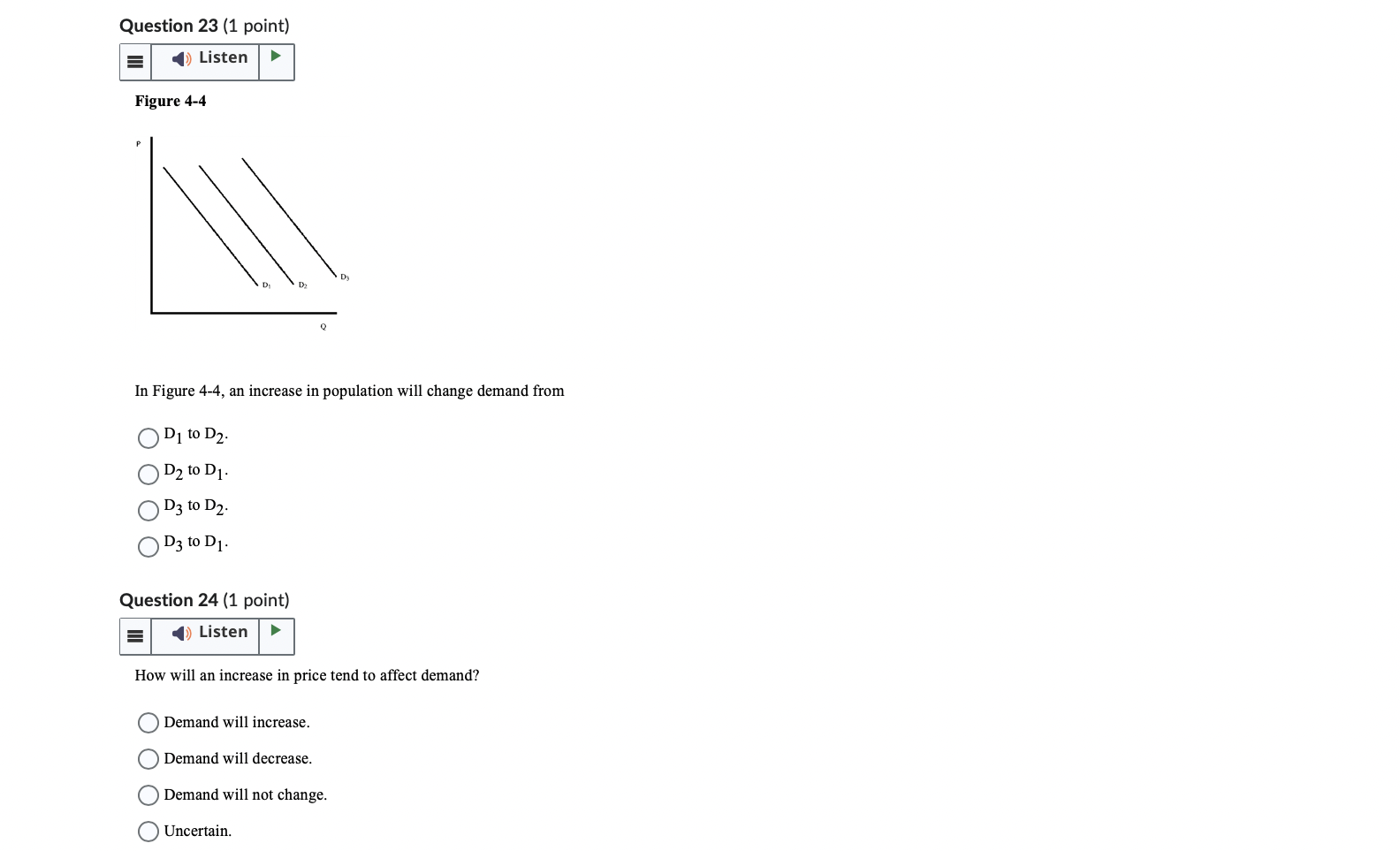 (1 point) () Listen If price rises, what happens to quantity demanded