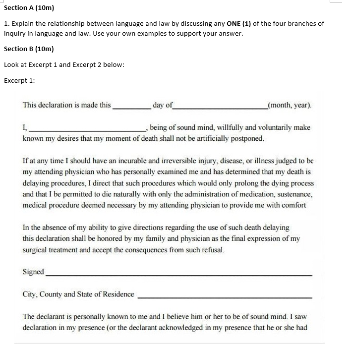 Section A (10m) 1. Explain the relationship between language and law