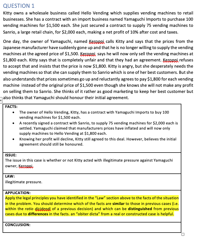 Hi, I need help with the law, application and conclusion part of