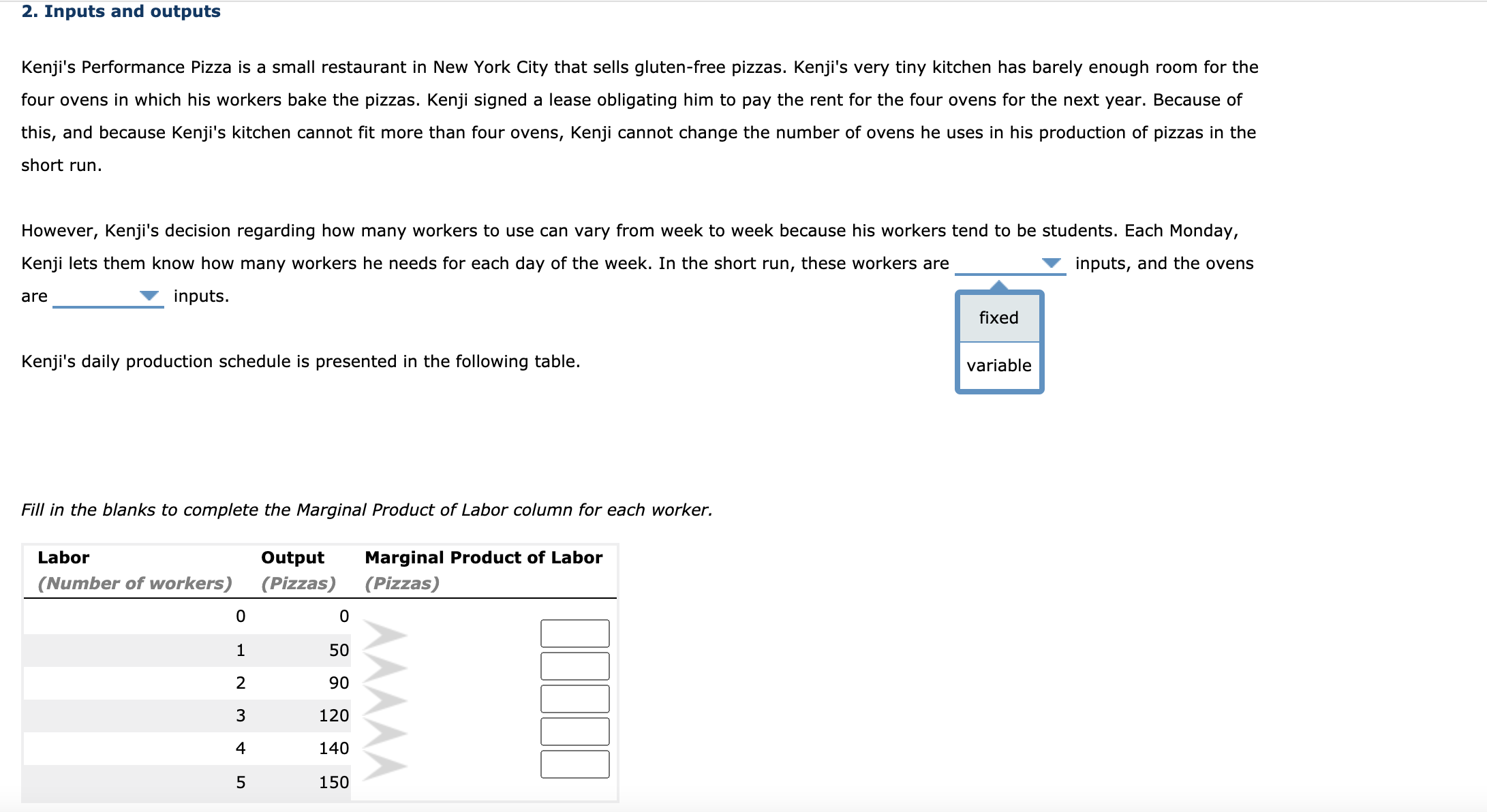 The question is stated below. 2. Inputs and outputs Kenji's Performance Pizza