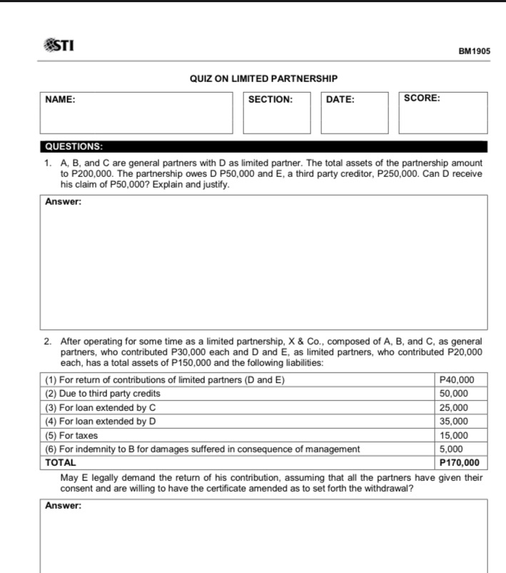 Anyone could you please help me with this one? STI BM1905 QUIZ