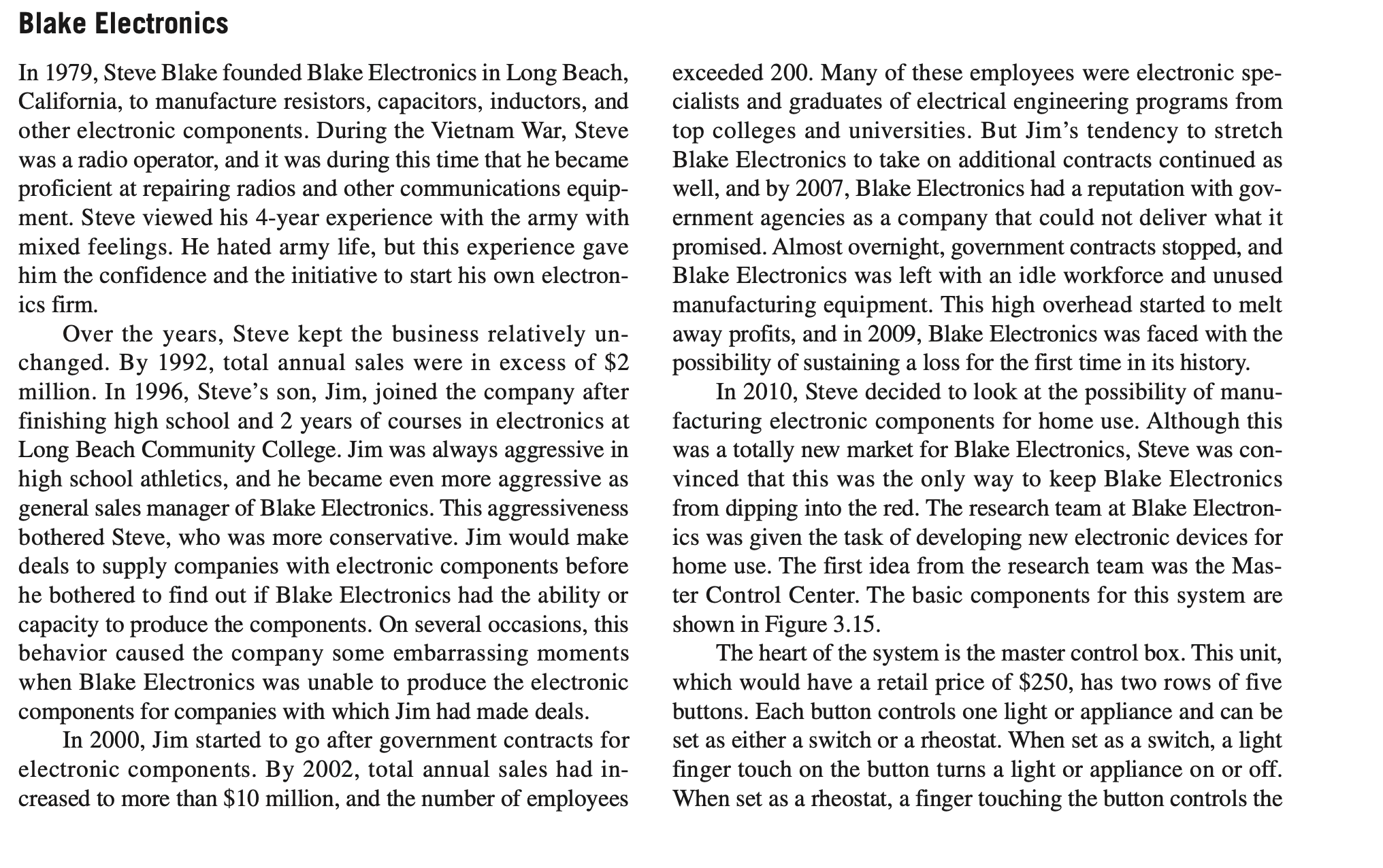  Blake Electronics In 1979, Steve Blake founded Blake Electronics in Long