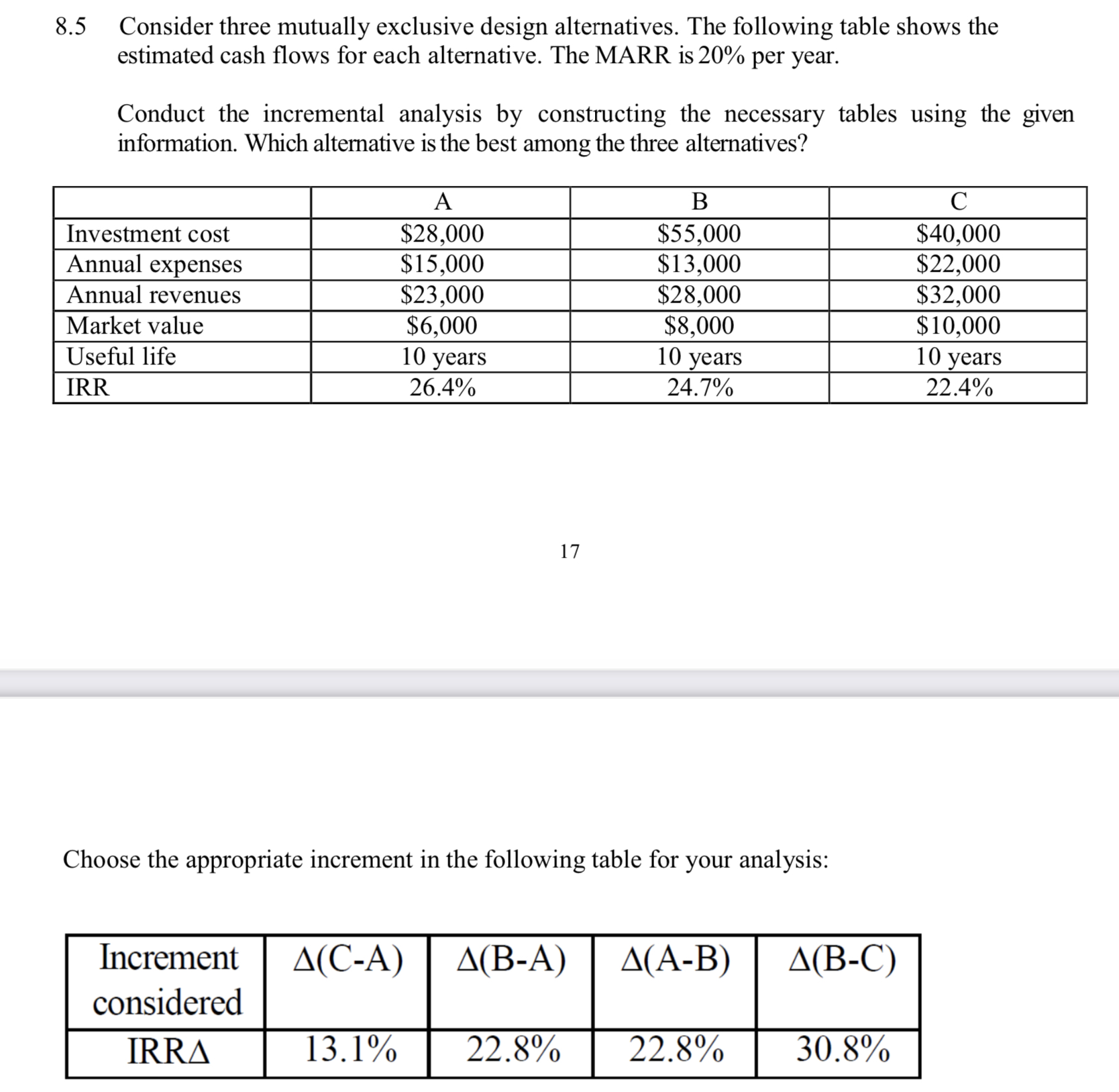  8.5 Consider three mutually exclusive design alternatives. The following table shows