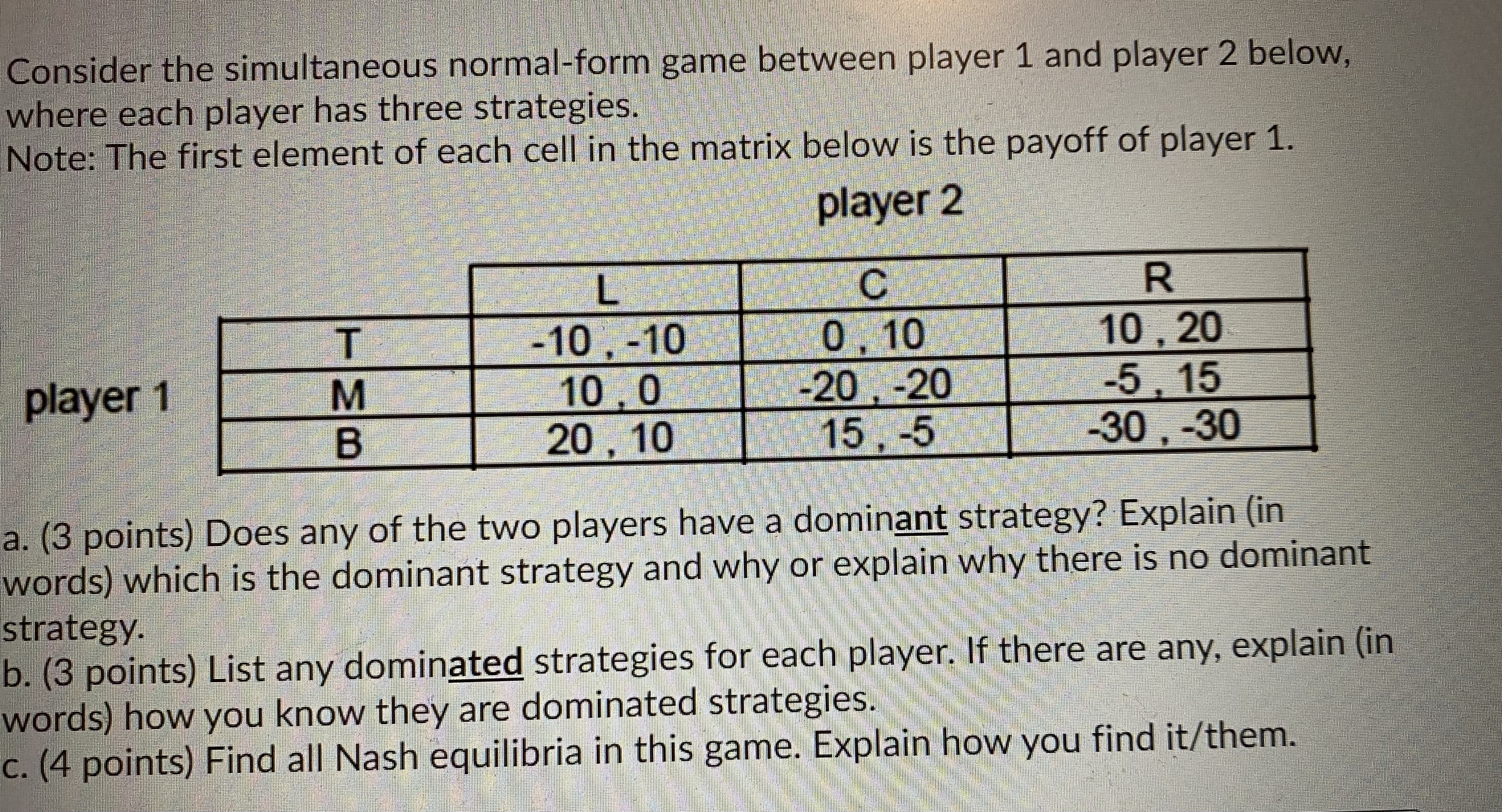 Consider the simultaneous normal-form game between player 1 and player 2