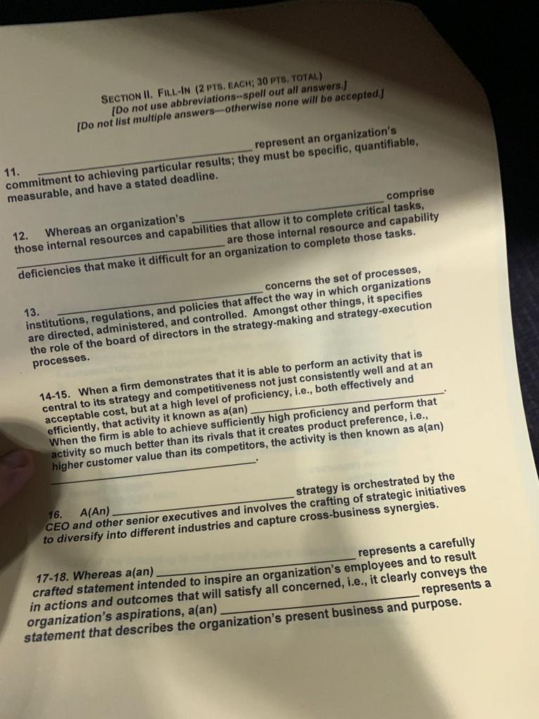  SECTION II. FILL-IN (2 PTS. EACH; 30 PTS. TOTAL) [Do not