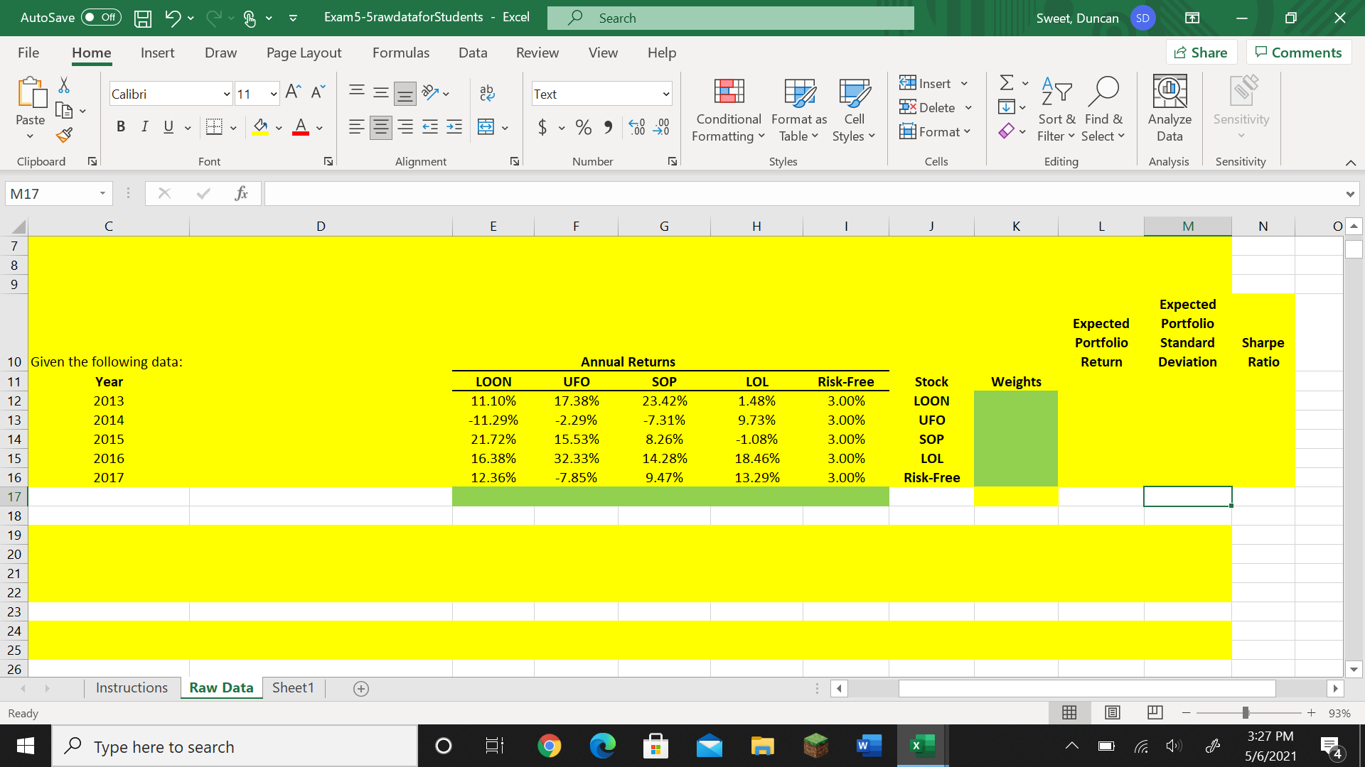 Initially setting K12:k16 weights to 20% each, obtain the optimal weightings for