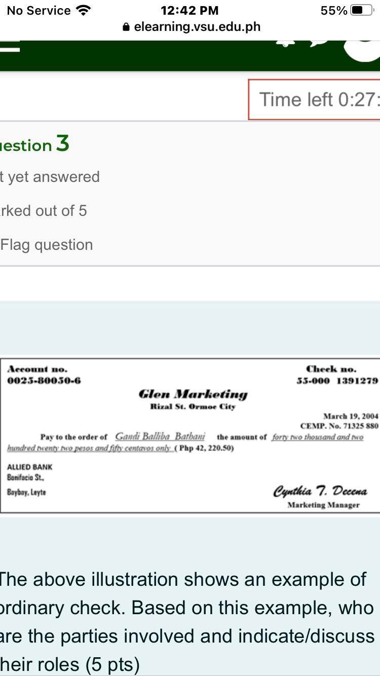 No Service 12:42 PM 55% elearning.vsu.edu.ph Time left 0:27 estion 3
