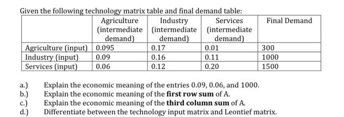  Given the following technology matrix table and final demand table: Agriculture