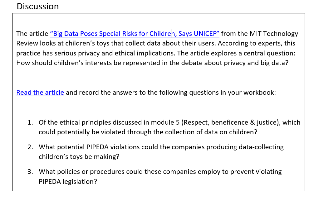 The article"Big Data Poses Special Risks for Children, Says UNICEF" from the
