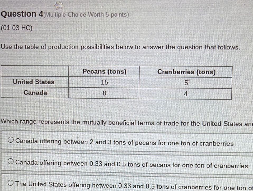  Question 4(Multiple Choice Worth 5 points) (01.03 HC) Use the table