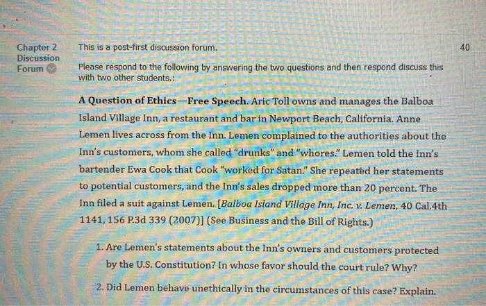  Chapter 2 Discussion Forum This is a post-first discussion forum. 40