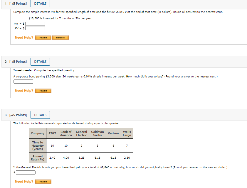  1. [-/5 Points] DETAILS Compute the simple interest IN for the