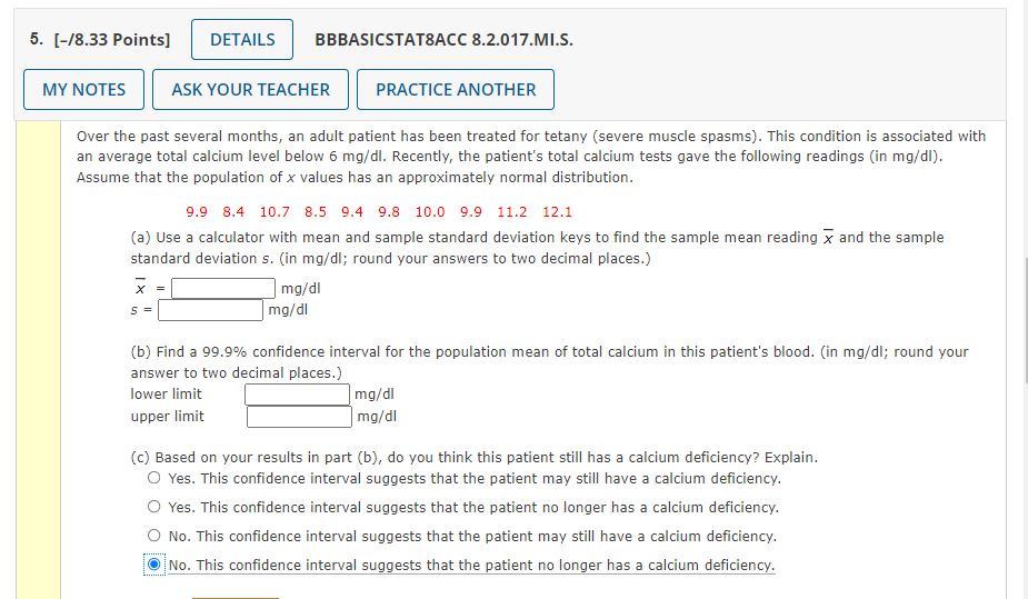 5. [-18.33 Points] MY NOTES DETAILS BBBASlCSTAT8ACC 8.2.017.Ml.s. ASK YOUR TEACHER PRACTICE