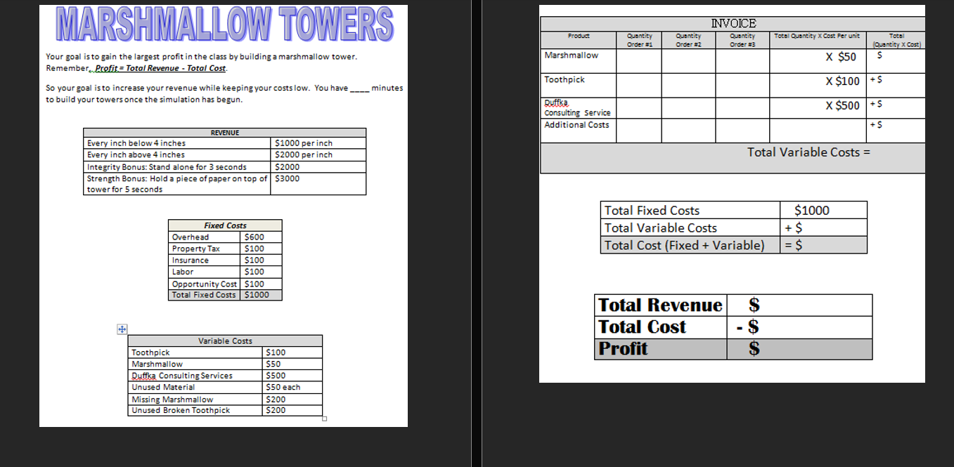 MARSHMALLOW TOWERS INVOICE Product Quantity Quantity Quantity Totell Quantity X Cost