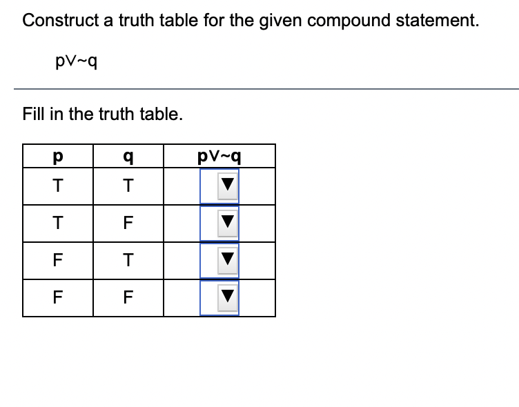 Construct a truth table for the given compound statement. pvq Fill in
