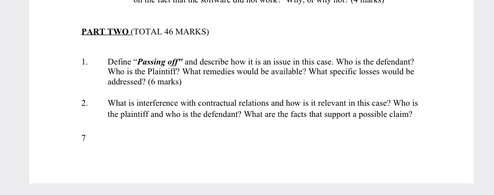 PART TWO (TOTAL 46 MARKS) 1. Define "Passing off" and describe