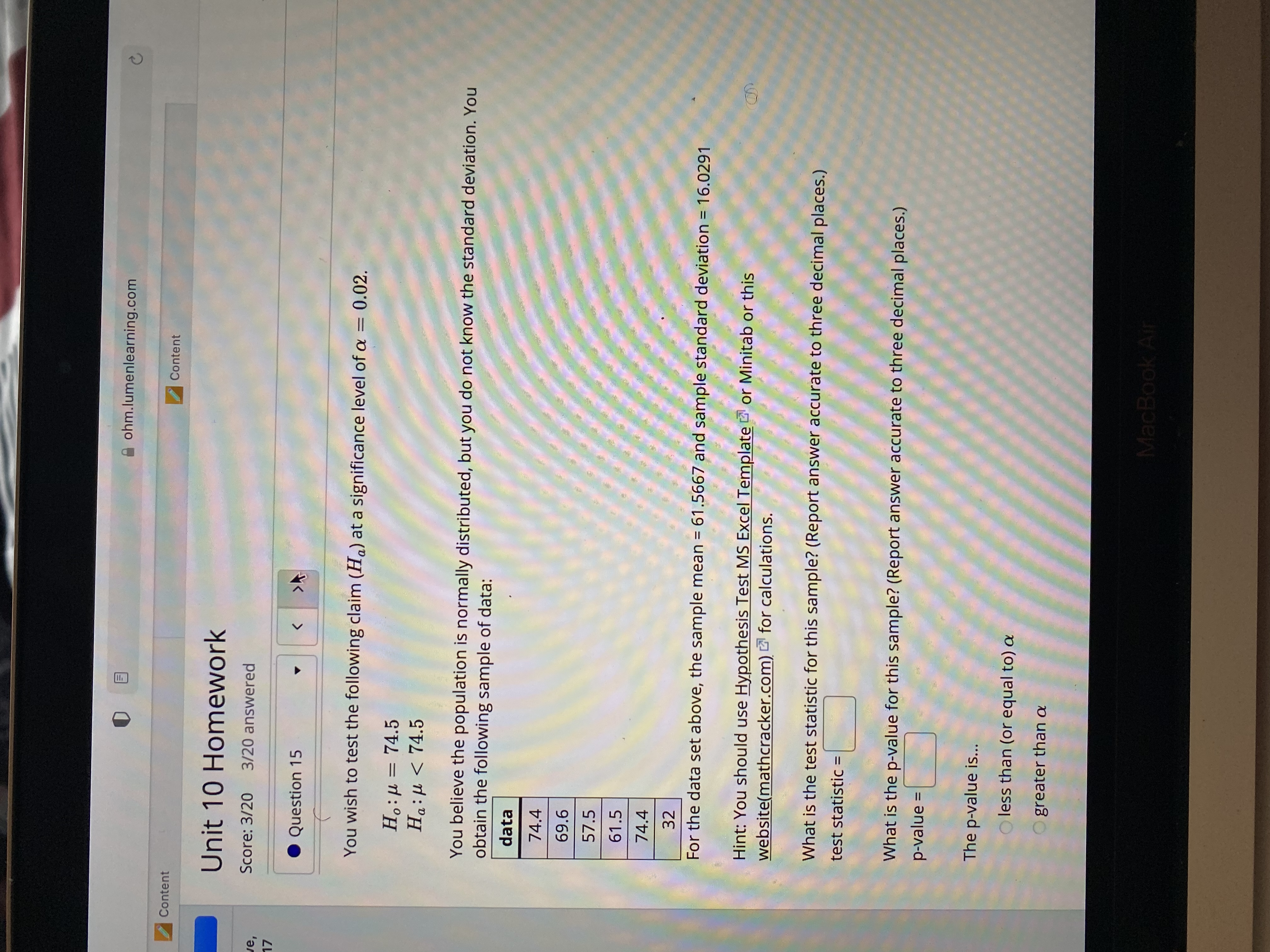 at a 95% confidence level. Assume the data came from a normally