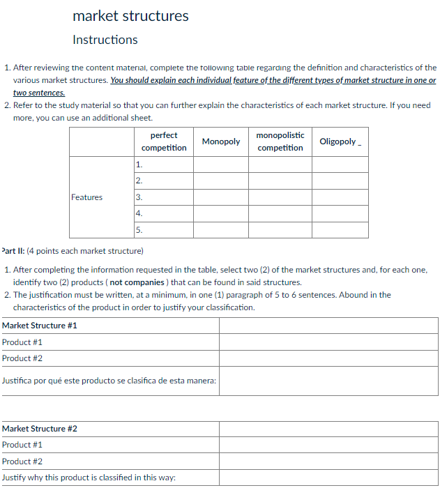  market structures Instructions 1. After reviewing the content material, complete the