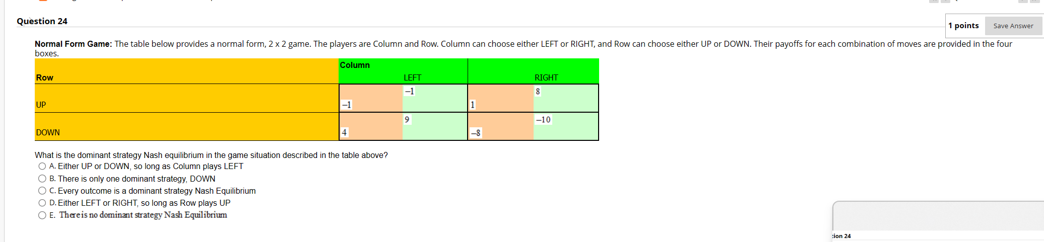  Question 24 1 points Save Answer Normal Form Game: The table