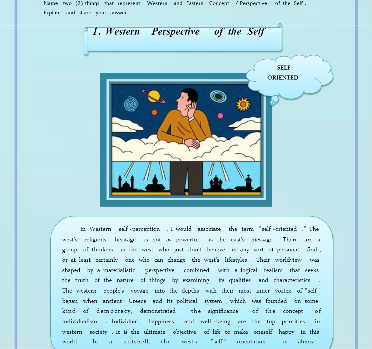 Name two (2) things that represent Western and Eastern Concept {Perspective