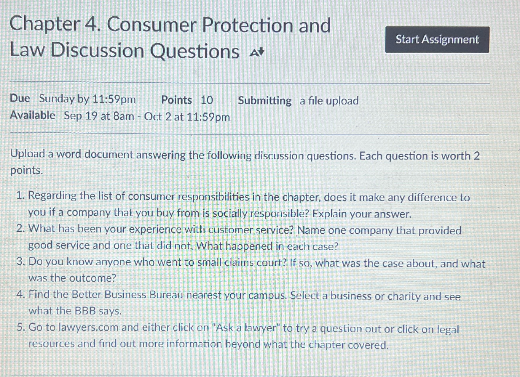 Chapter 4. Consumer Protection and Start Assignment Law Discussion Questions At