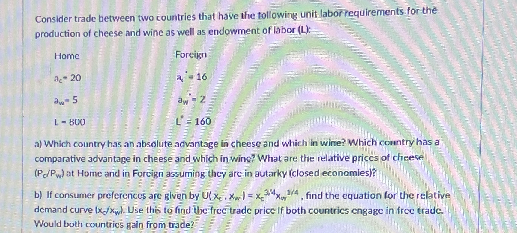  Consider trade between two countries that have the following unit labor