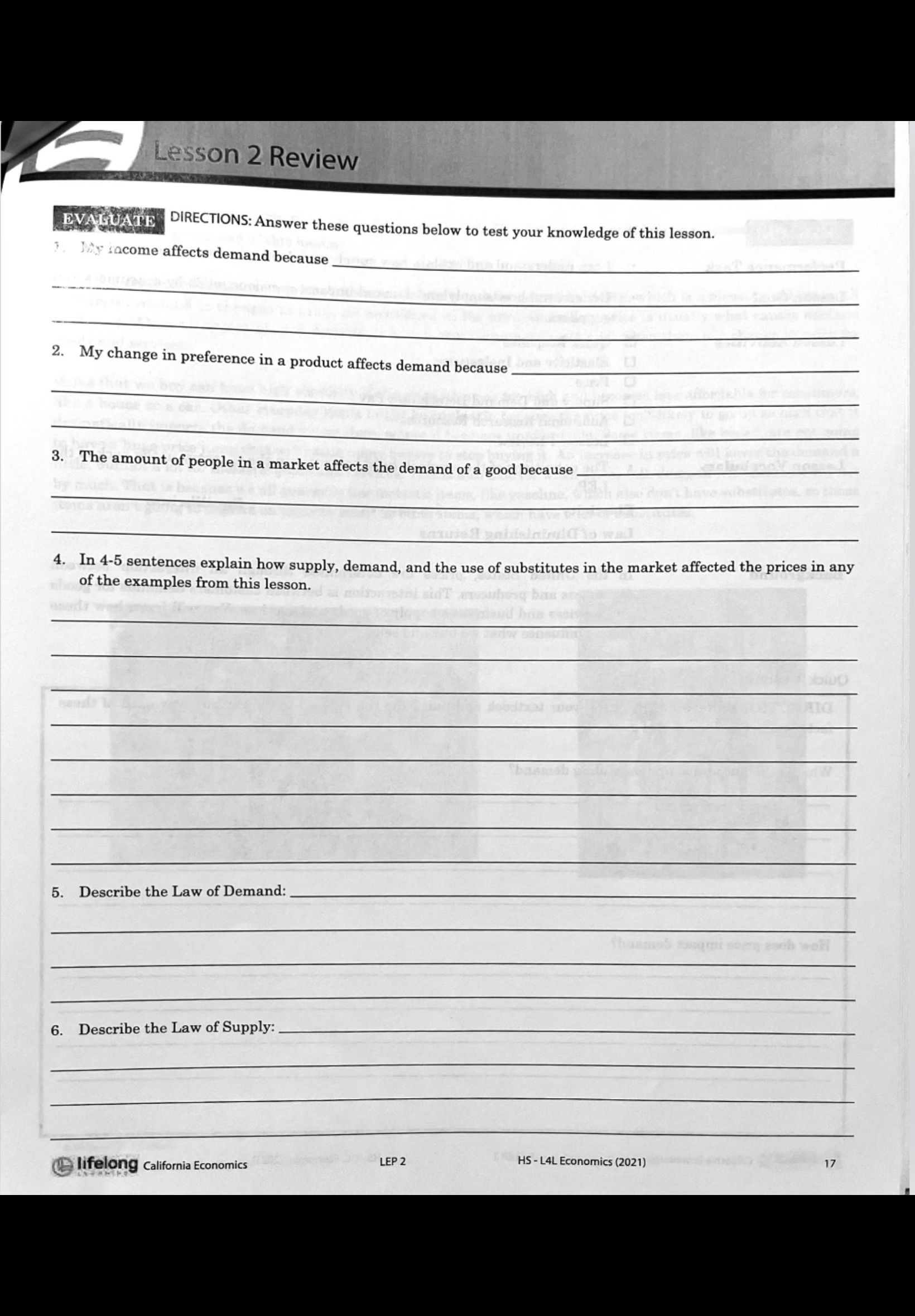  Lesson 2 Review EVALUATE DIRECTIONS: Answer these questions below to test