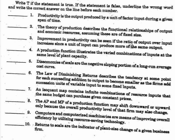  Write T if the statement is true. If the statement is