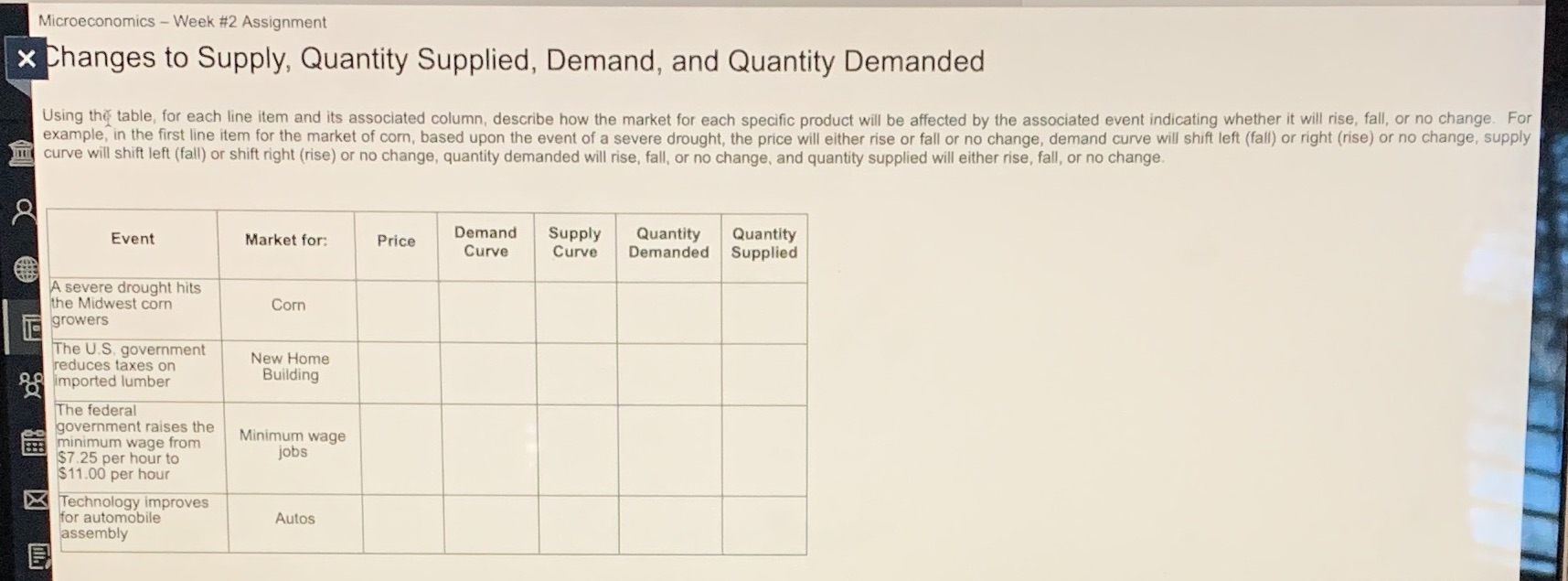  Microeconomics - Week #2 Assignment x Changes to Supply, Quantity Supplied,