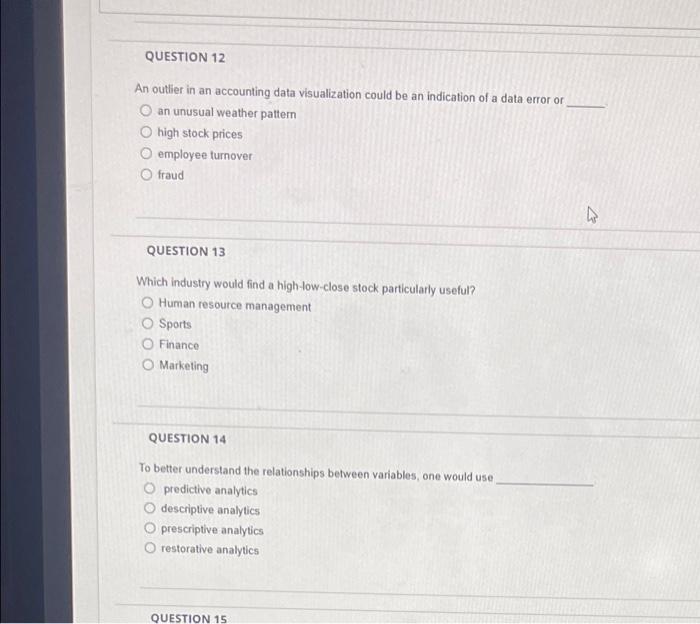 Explain clearly QUESTION 12 An outlier in an accounting data visualization could