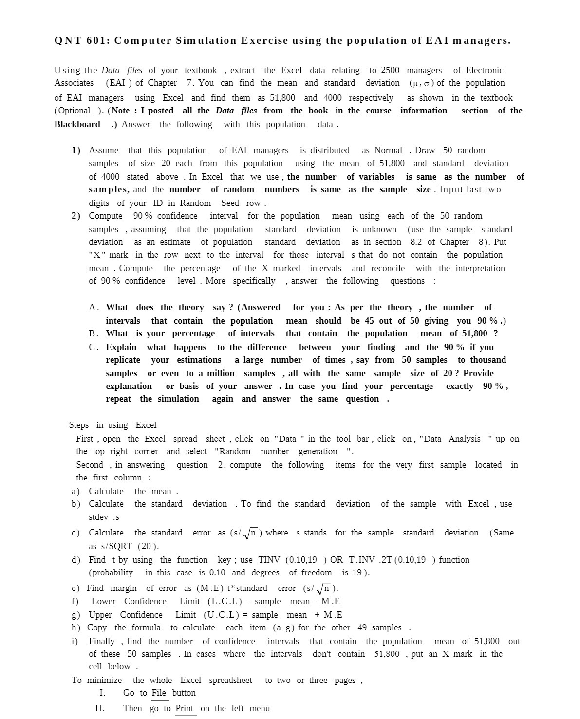  QNT 601: Computer Simulation Exercise using the population of EAI managers.