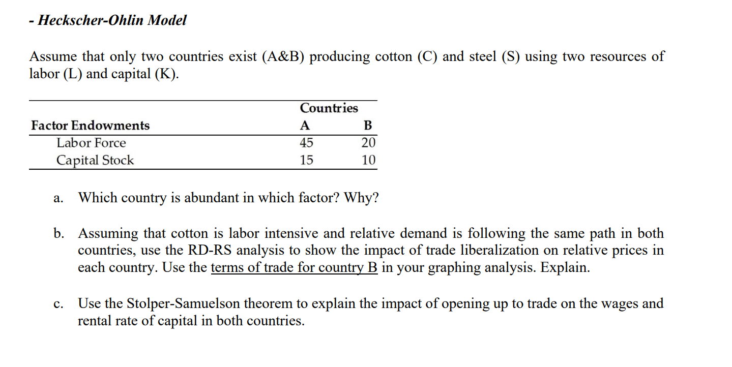 - Heckscher-Ohlin Model Assume that only two countries exist (A&B) producing
