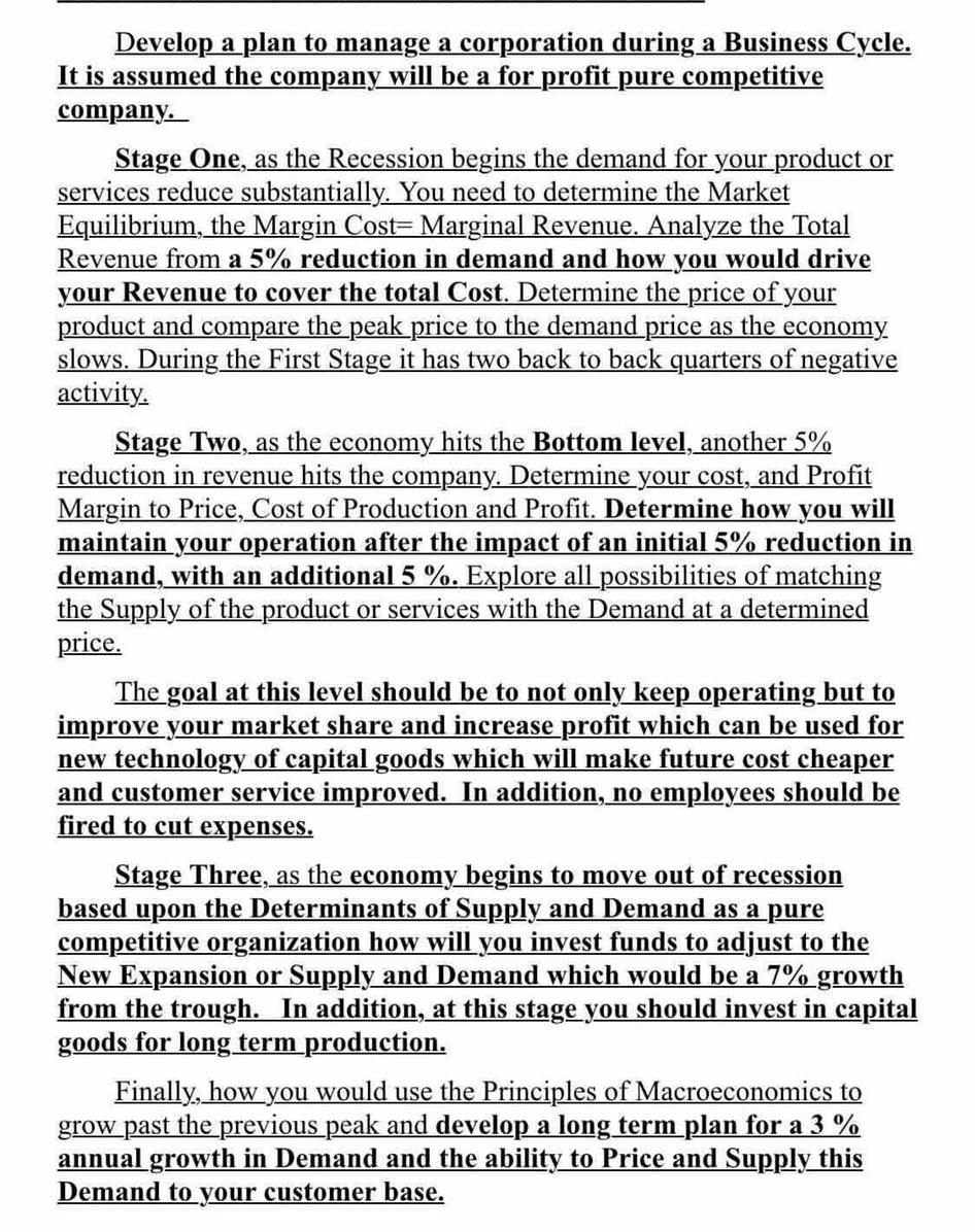  Develop a plan to manage a corporation during a Business Cycle.