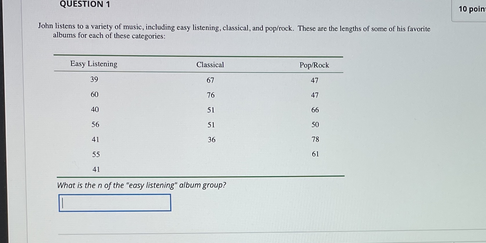 Finding N QUESTION 1 10 point John listens to a variety of