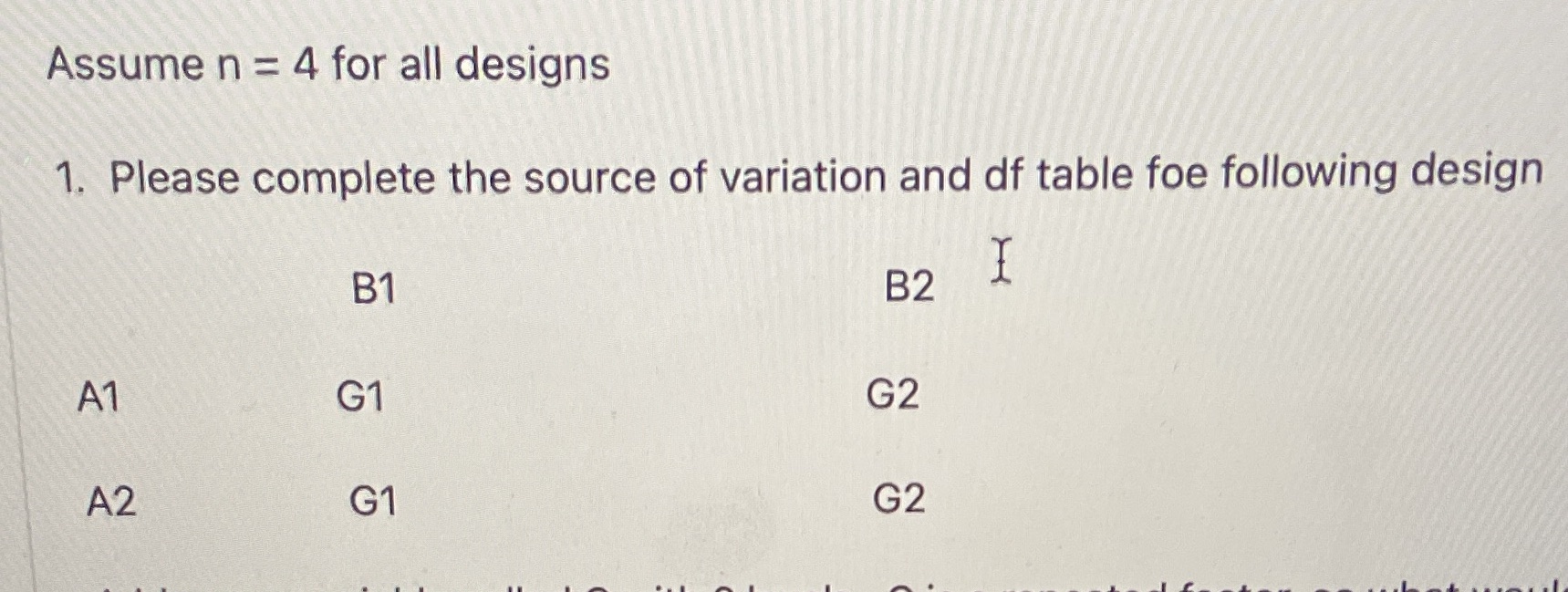 Assume n = 4 for all designs 1. Please complete the