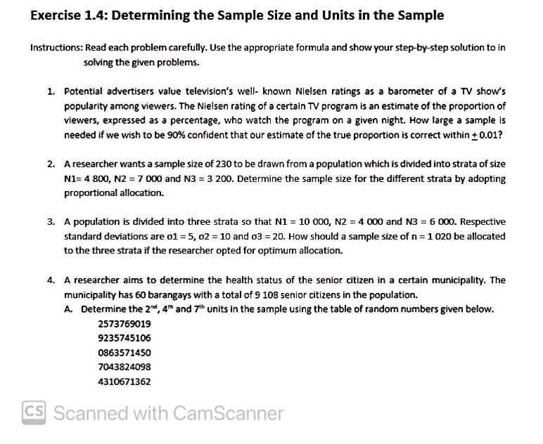 Exercise 1.4: Determining the Sample Size and Units in the Sample Instructions: