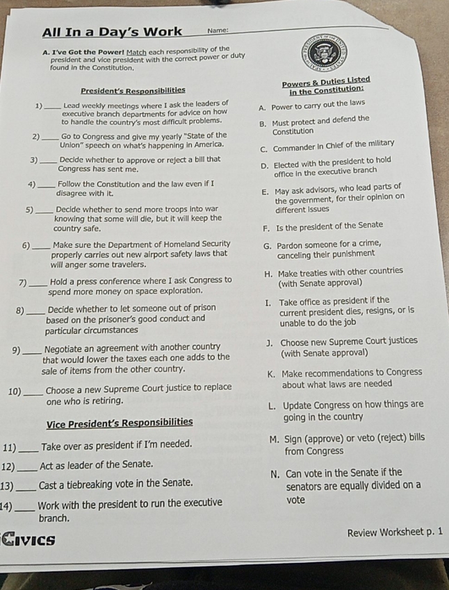 need the answer All In a Day's Work Name: A. I've Got