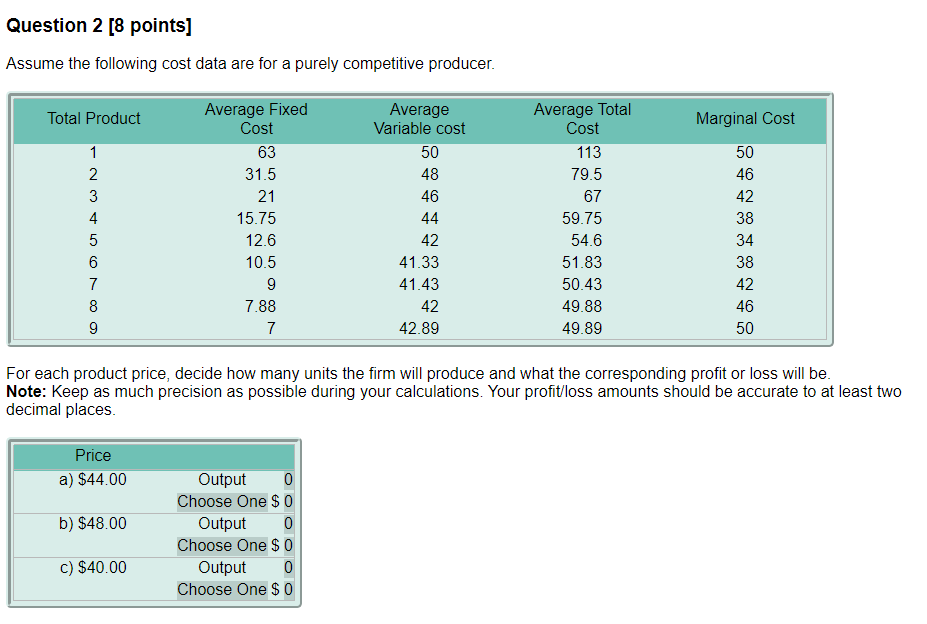  Question 2 [8 points] Assume the following cost data are for