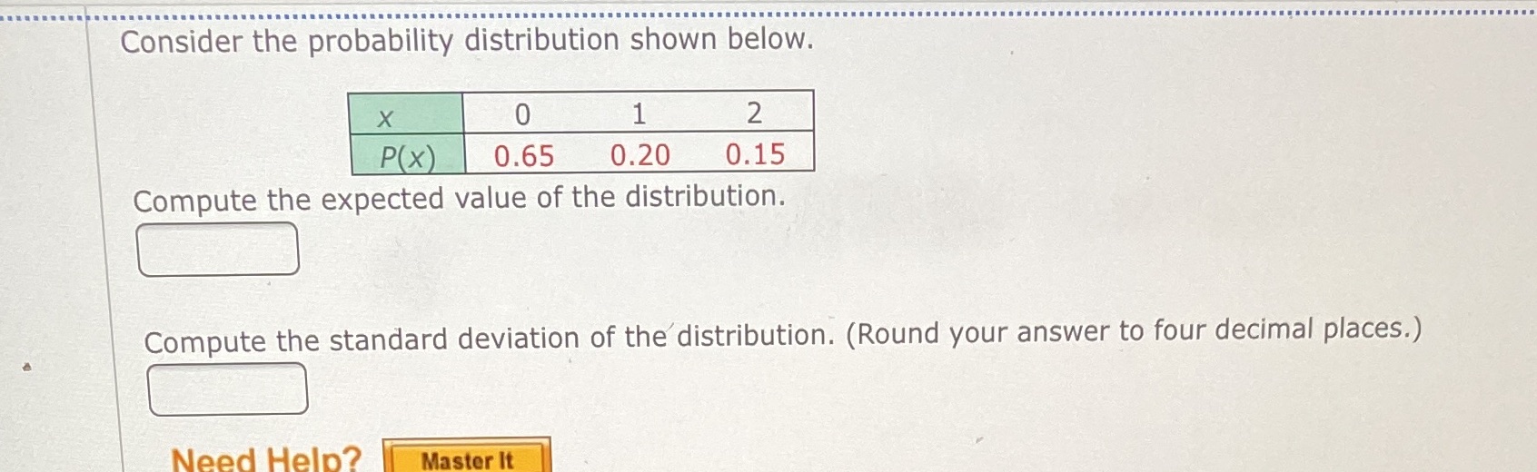  Consider the probability distribution shown below. X 0 1 2 P(X