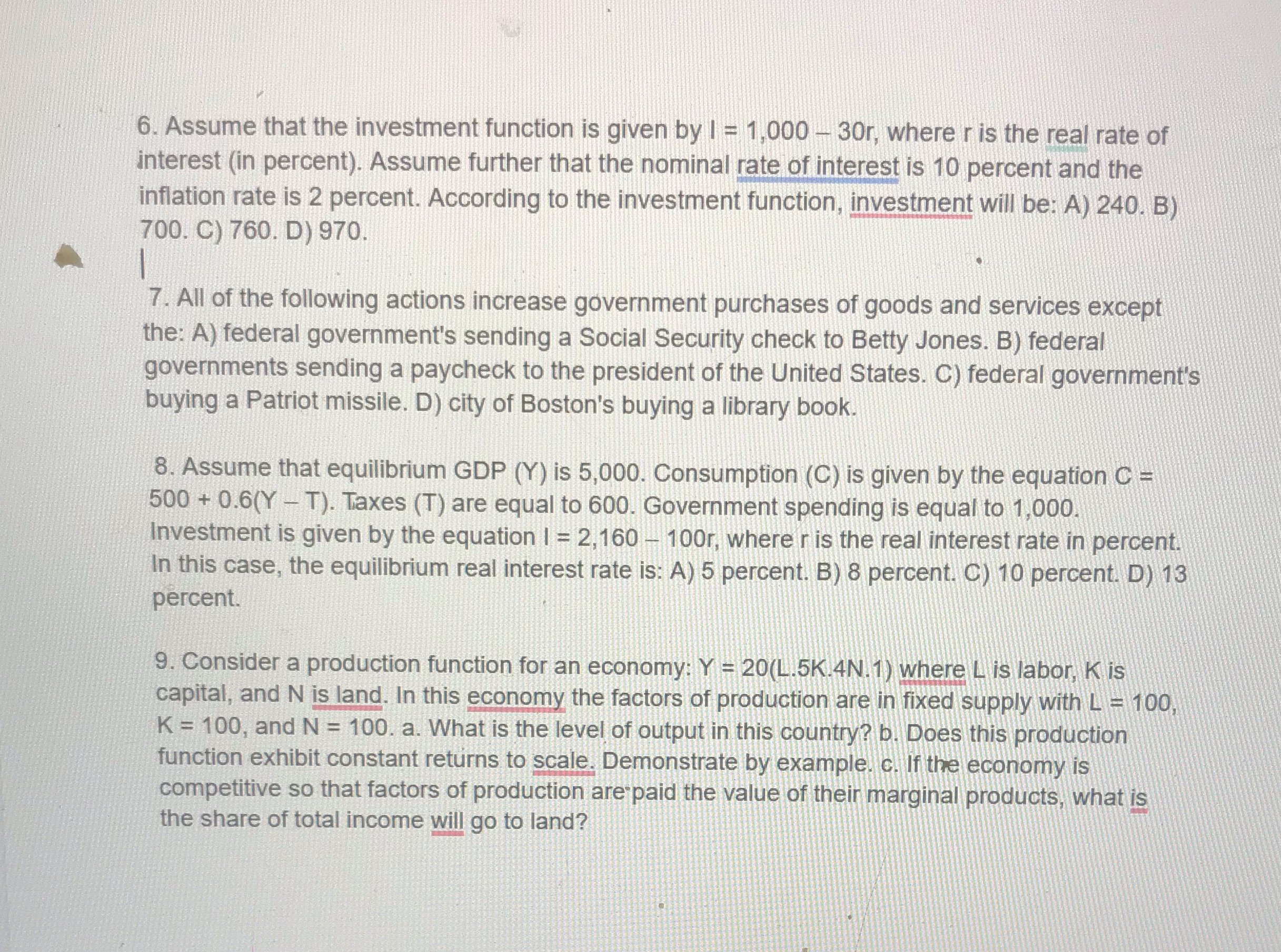  6. Assume that the investment function is given by I =