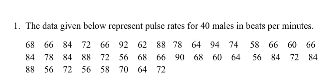 Statistics l. The data given below represent pulse rates for 40 males