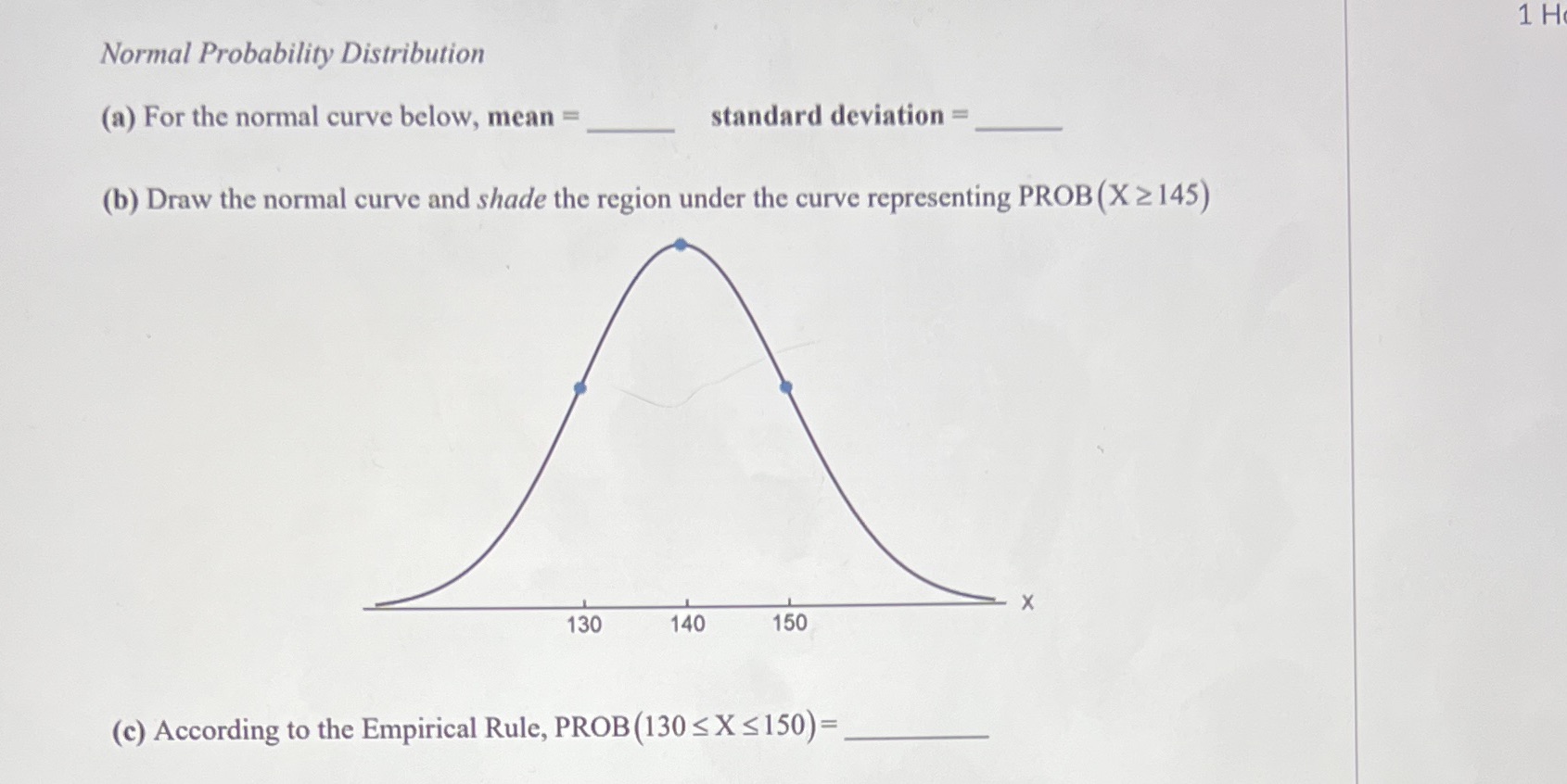 1 H Normal Probability Distribution (a) For the normal curve below,