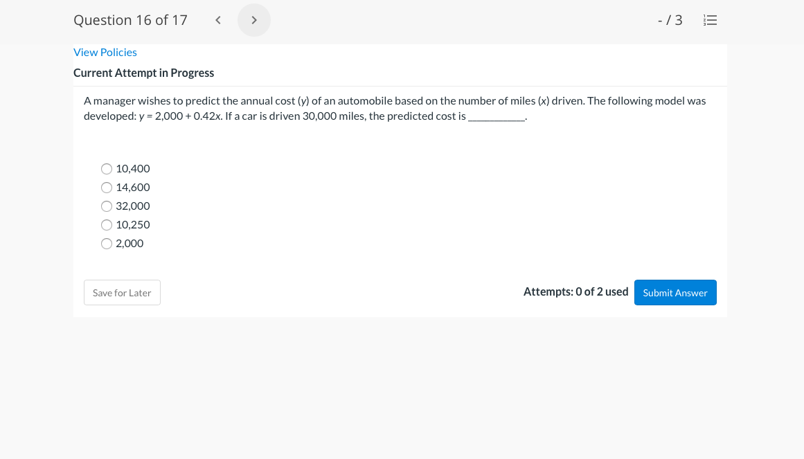 Save for Later Attempts: 0 Of2 used Submit 1' Question 11 of17